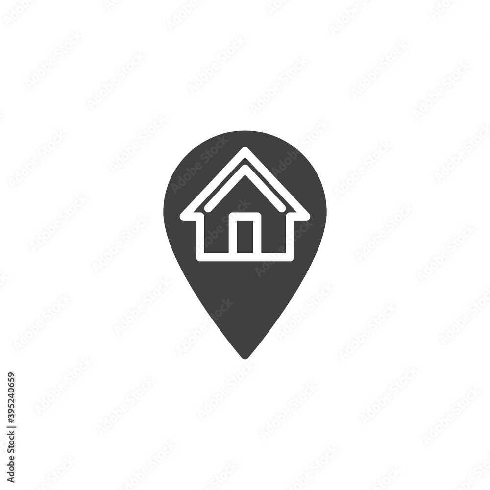 Home location pin vector icon. filled flat sign for mobile concept and web design. Map marker with house glyph icon. Symbol, logo illustration. Vector graphics Home location pin vector icon. filled flat sign for mobile concept and web design. Map marker with house glyph icon. Symbol, logo illustration. Vector graphics