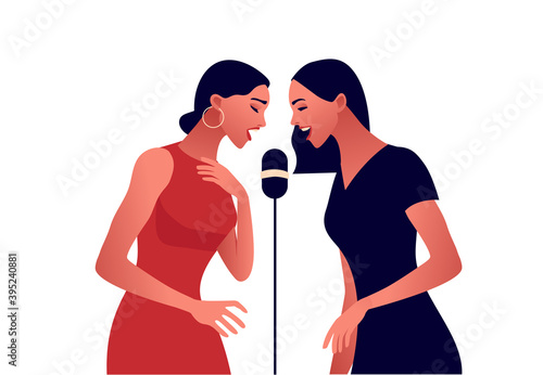 Elegant women singing in microphone. Beautiful women in party dress. Jazz or pop music. Vector illustartion. 