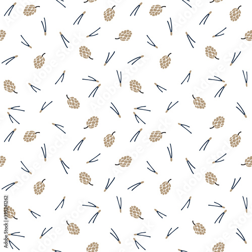 Christmas Scandinavian seamless pattern.Pine cones and pine tree needles isolated on white background. Nordic, Swedish winter design for textile, gift wrapping paper, scrapbooking. Vector illustration © tabitazn