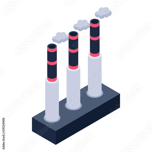 
Industrial gas releasing smokestack, isometric icon of chimneys 
