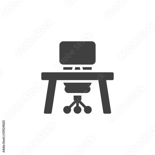 Office desk with computer and chair vector icon. filled flat sign for mobile concept and web design. Office workplace glyph icon. Symbol, logo illustration. Vector graphics