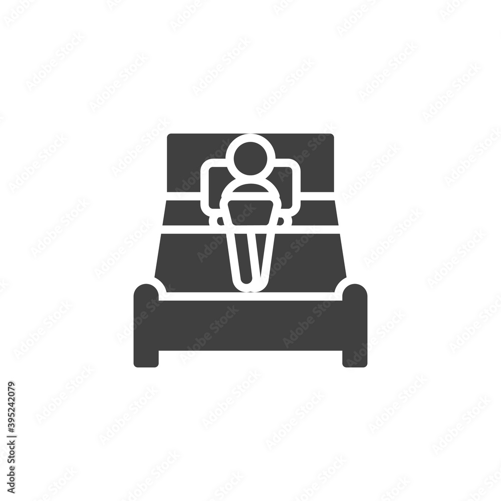 Man with laptop working on bed vector icon. filled flat sign for mobile concept and web design. Work from home glyph icon. Symbol, logo illustration. Vector graphics