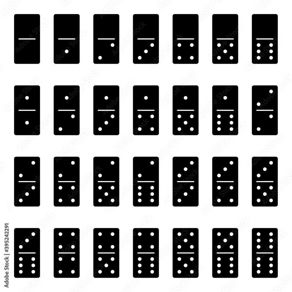 Vector set of black domino bones isolated on white background. 28 pieces for game. Vector set of black domino bones isolated on white background. 28 pieces for game.