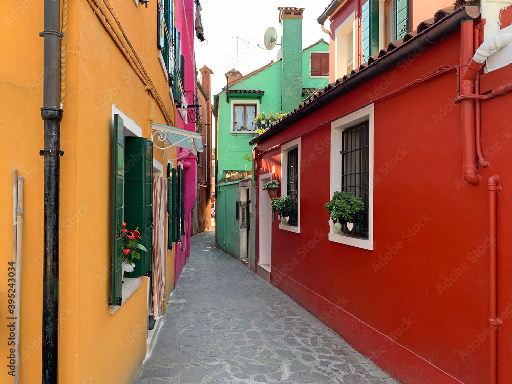 Brightly coloured houses at Burano, island in the Venetian Lagoon, Venice, Italy