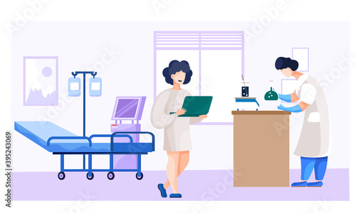 Medical workers in lab pharmacist at work. People in white coat work with a test tube, virologist, chemical researchers with laboratory equipment. Illustration of science experiment with vaccine