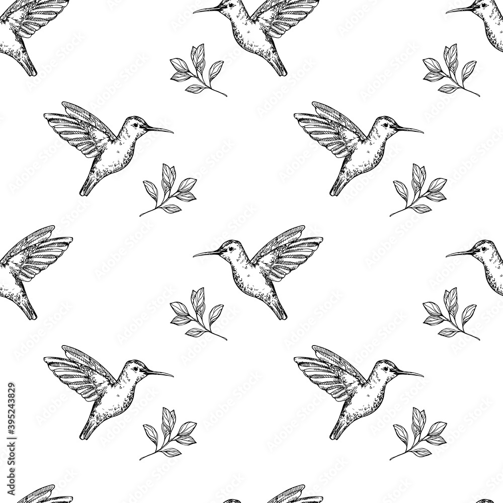 Seamless hand drawn pattern. Humming bird with flowers and leaves. Monochrome bird isolated on white background Seamless hand drawn pattern. Humming bird with flowers and leaves. Monochrome bird isolated on white background