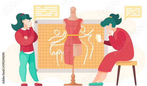 Designers or seamstresses are working with dress model in the tailoring studio. Embroidery to order. Drawing a dress model on the paper. Woman near the pattern of future clothes on the mannequin