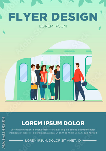 Crowd of commuters traveling by subway train. Metro passengers standing in overcrowding tube carriage. Vector illustration for public transport, commuting, rush hour concept