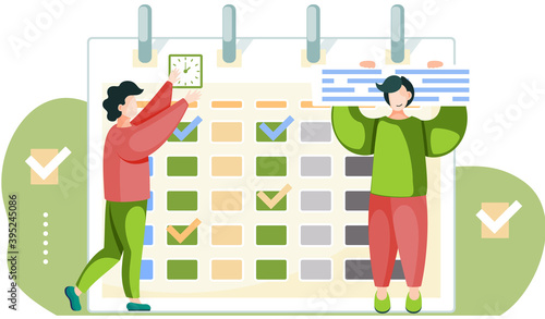 Guy holding a sign with inscriptions above his head. Man is adjusting the clock on the wall. Timetable or calendar on the background. Office work management. Men communicate and spend time together