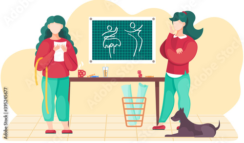 Colleagues in the atelier discussing the model of future garment. Professional tailoring studio. Sewing clothes. Women planning the pattern. Girl stands with sheet of paper. Dog is lying under table