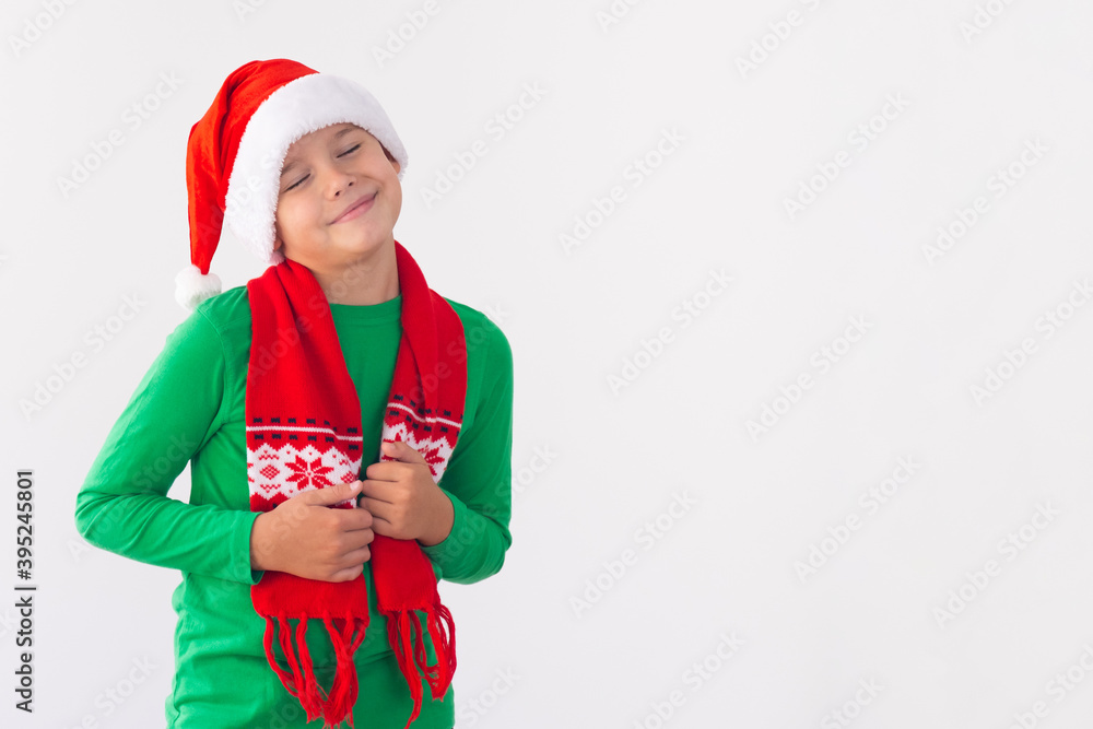 Portrait of happy boy wearing Santa Claus hat and winter scarf. Merry Christmas time. Portrait of happy boy wearing Santa Claus hat and winter scarf. Merry Christmas time.