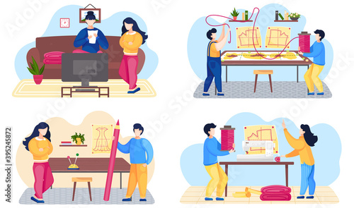 Fashion designers are standing near the sketch with dress and discussing about model. Seamstressers are talking about tailor pattern of women s dress. Modern production, man and woman in atelier