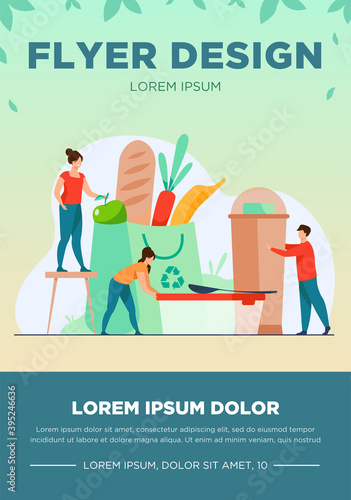 People shopping with eco friendly bag flat vector illustration. Sustainable plastic and organic food. Environment, future and recycling concept.