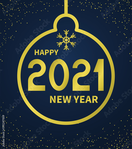 Happy new year 2021 text. Gold numbers inside the New Year's ball on a dark background. Template for your holiday flyers, greeting and invitation cards, website headers, advertisements. Vector