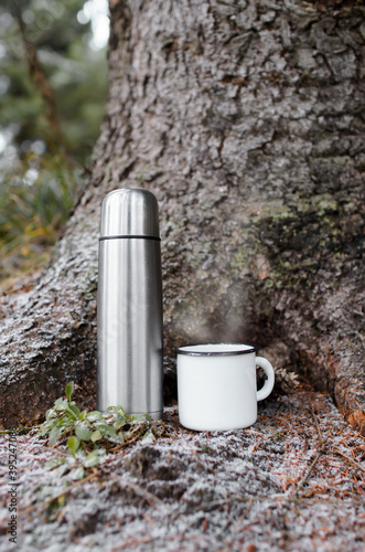 Hike, camping concept. Thermos and aluminum mug hot drink with rising steam  standing on stump in Stock Photo by SergioPhotone