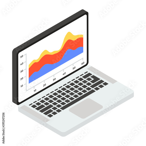 
Stream graph inside laptop denoting online graph in isometric icon

