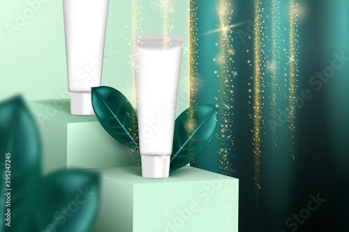 Mockup for advertising, color Tidewater green, tube with cream, catwalks, leaves and curtains. Trendy cosmetics advertising template.