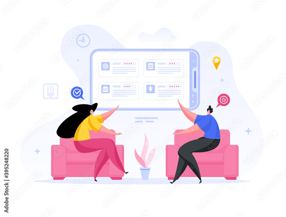 People ordering web food at home in app cartoon illustration. People ordering web food at home in app cartoon illustration.