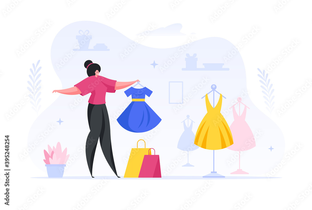 Woman buying new fashionable dress in store cartoon illustration.