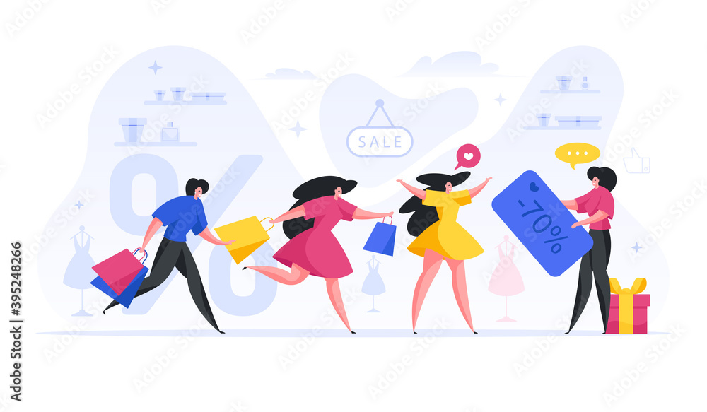 People running for sale of designer items vector flat concept. Group women with bags are in hurry to catch huge discount. People running for sale of designer items vector flat concept. Group women with bags are in hurry to catch huge discount.