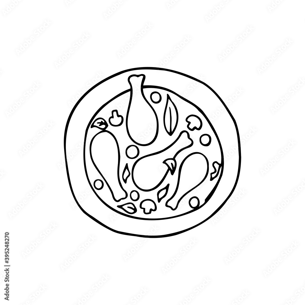 Vector hand drawn coq au vin on plate top view. French cuisine dish. Design sketch element for menu cafe, bistro, restaurant, label and packaging. Illustration on a white background. Vector hand drawn coq au vin on plate top view. French cuisine dish. Design sketch element for menu cafe, bistro, restaurant, label and packaging. Illustration on a white background.