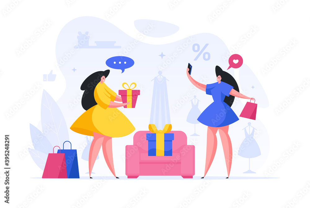 Woman makes selfie in new dress and with gifts vector illustration.
