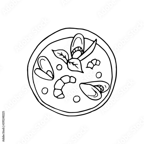 Vector hand drawn bouillabaisse. French cuisine dish. Mussels seafood. Design sketch element for menu cafe, bistro, restaurant, label and packaging. Illustration on a white background.