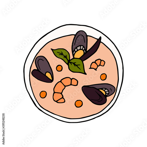 Vector hand drawn bouillabaisse. French cuisine dish. Mussels seafood. Design sketch element for menu cafe, bistro, restaurant, label and packaging. Colorful illustration on a white background.