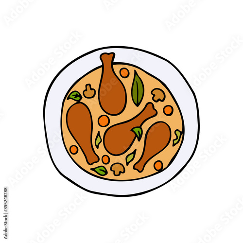 Vector hand drawn coq au vin on plate top view. French cuisine dish. Design sketch element for menu cafe, bistro, restaurant, label and packaging. Colorful illustration on a white background.