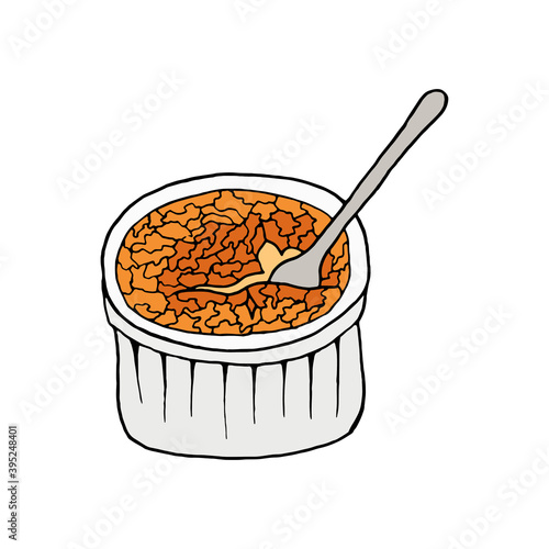 Vector hand drawn creme brulee. French cuisine dessert. Design sketch element for menu cafe, bistro, restaurant, bakery, label and packaging. Colorful illustration on a white background.