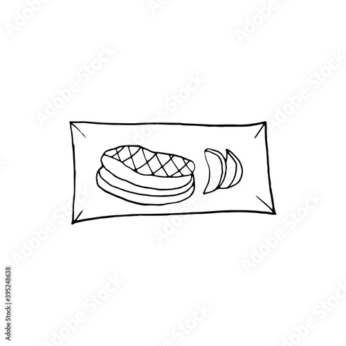 Vector hand drawn foie gras on plate. French cuisine dish. Design sketch element for menu cafe, bistro, restaurant, label and packaging. Illustration on a white background.