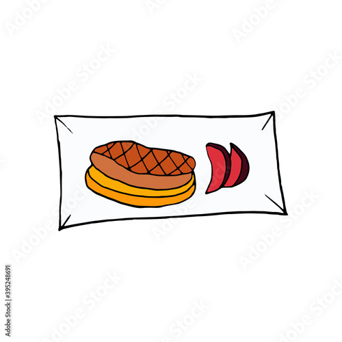 Vector hand drawn foie gras on plate. French cuisine dish. Design sketch element for menu cafe, bistro, restaurant, label and packaging. Colorful illustration on a white background.