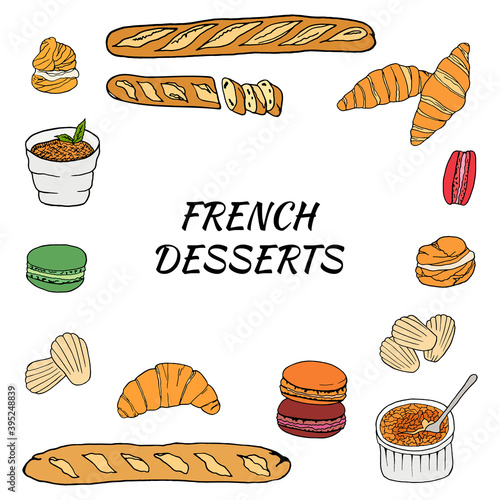 Vector hand drawn of french desserts set with croissant, macaron, creme brulee, madeleine, profiterole, baguette. Design sketch element for menu cafe, bistro, restaurant, bakery and packaging. 