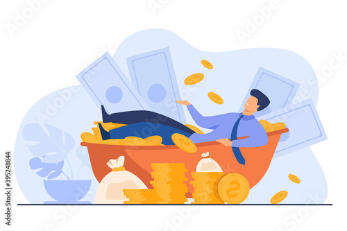 Happy millionaire taking bath with cash. Rich man and huge heap of money. Vector illustration for financial success, successful businessman, wealth concept