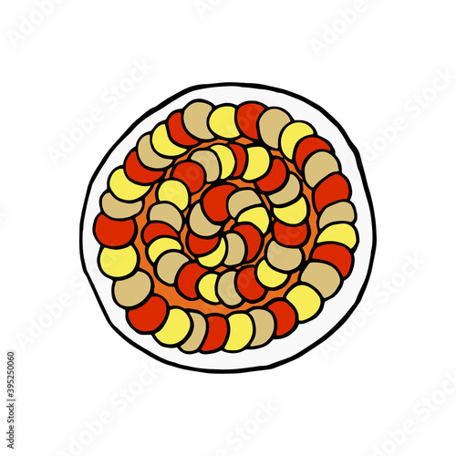 Vector hand drawn ratatouille on plate top view. French cuisine dish. Design sketch element for menu cafe, bistro, restaurant, bakery, label and packaging. Colorful illustration on a white background.