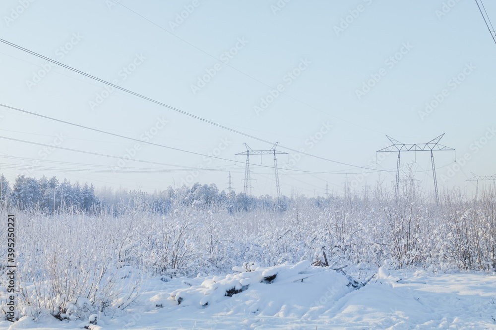 Winter landscape with frozen trees and a high-voltage power line in the Golden hour. Winter landscape with frozen trees and a high-voltage power line in the Golden hour.