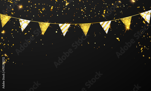 flag celebration Confetti and ribbons gold frame party banner, Event Birthday background template with.