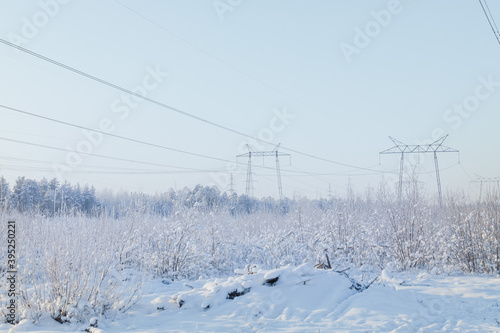 Winter landscape with frozen trees and a high-voltage power line in the Golden hour.