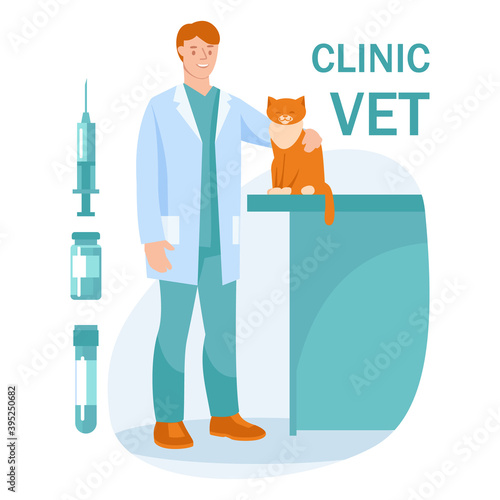 Veterinarian with a cat. Vet clinic inscription. Syringe, medicine bottle, test tube. Concept. Vector illustration in flat style.