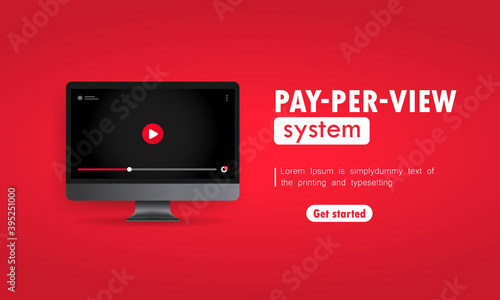 Pay Per View system illustration. Computer with video player on display. Vector on isolated background. EPS 10