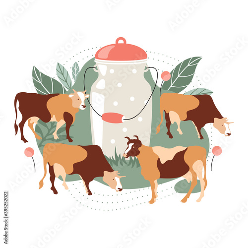 Milk can and grazing cows. Cow silhouette made of multi-colored segments. Vector illustration.