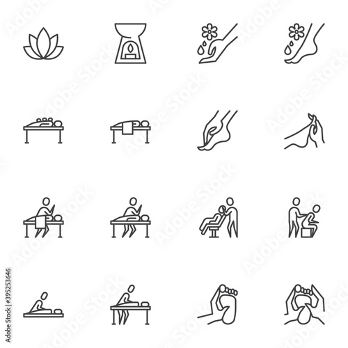 Massage therapy line icons set, outline vector symbol collection, linear style pictogram pack. Signs, logo illustration. Set includes icons as Spa salon, foot massage oil, lotus flower, candle