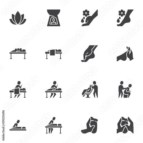Massage therapy vector icons set, modern solid symbol collection, filled style pictogram pack. Signs, logo illustration. Set includes icons as Spa salon, foot massage oil, lotus flower, candle