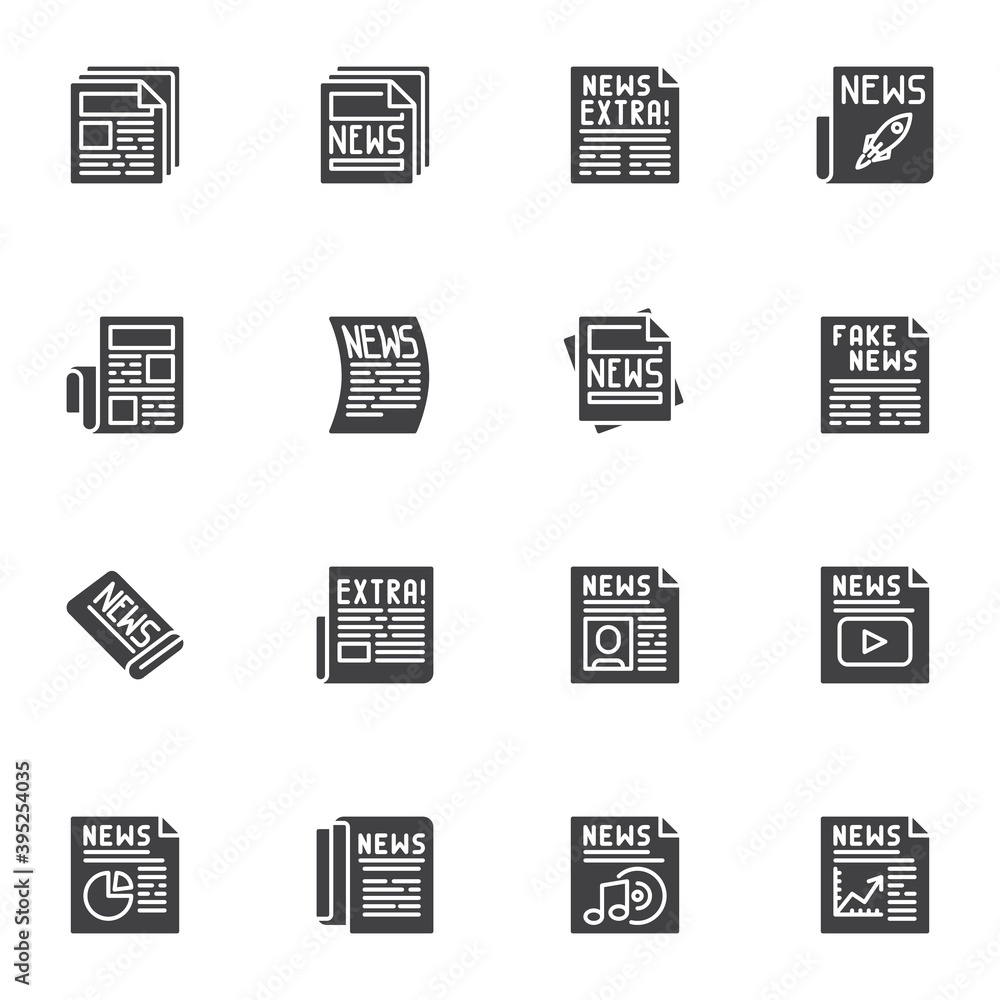 Newspaper news vector icons set, modern solid symbol collection, filled style pictogram pack. Signs, logo illustration. Set includes icons as daily information article, media document headline Newspaper news vector icons set, modern solid symbol collection, filled style pictogram pack. Signs, logo illustration. Set includes icons as daily information article, media document headline