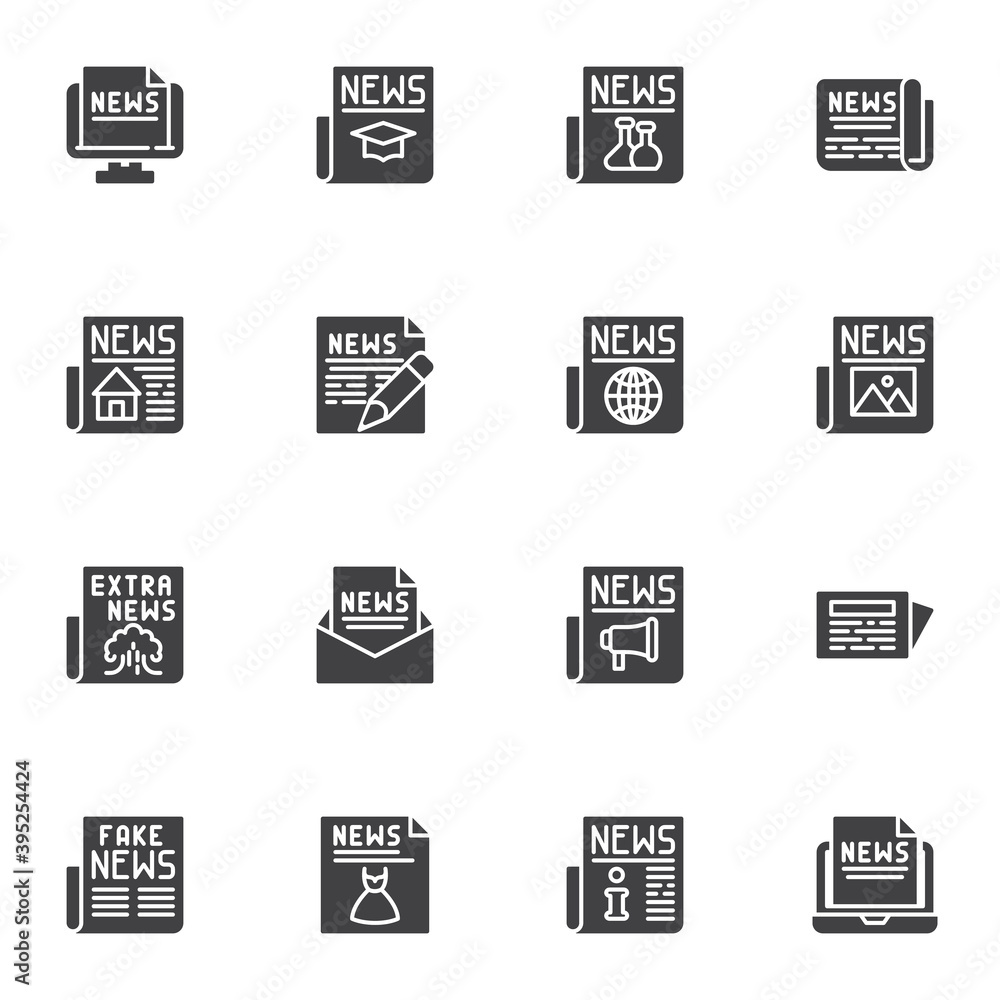Mass media vector icons set, modern solid symbol collection, filled style pictogram pack. Signs, logo illustration. Set includes icons as news and journalism, online newspaper, newsletter Mass media vector icons set, modern solid symbol collection, filled style pictogram pack. Signs, logo illustration. Set includes icons as news and journalism, online newspaper, newsletter