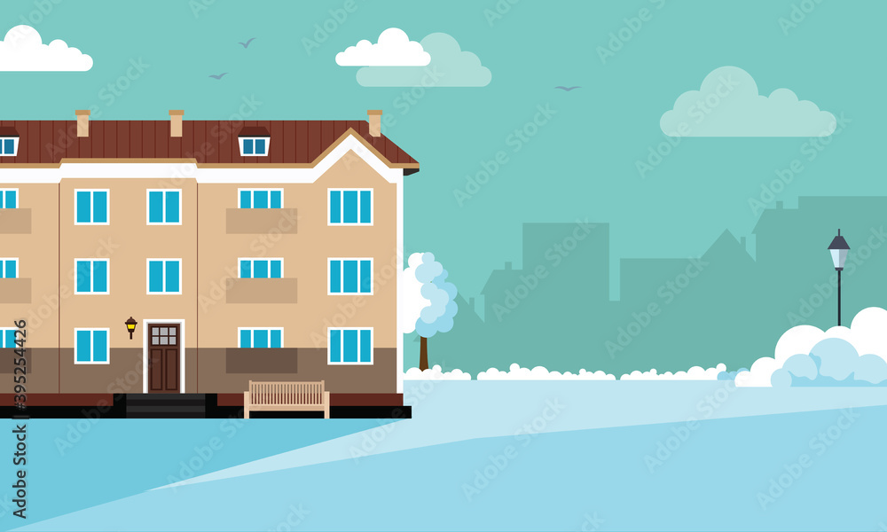 Winter house in a cozy snowy city panorama. Winter Christmas landscape for banners, greeting cards, 
and ads. Vector flat illustration for background with space for text. 