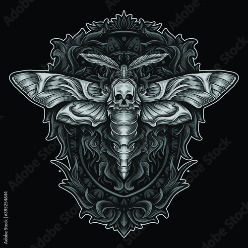 artwork illustration and t-shirt design moth skull engraving ornament premium vector