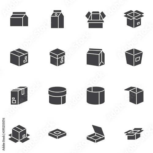 Box and package vector icons set, modern solid symbol collection, filled style pictogram pack. Signs, logo illustration. Set includes icons as cardboard box, milk pack, pizza packaging, takeout food