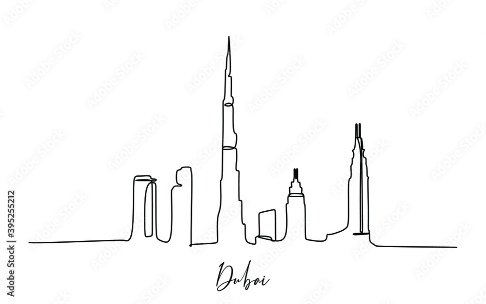 Famous Asian City skyline with towers. Continuous one line drawing Famous Asian City skyline with towers. Continuous one line drawing