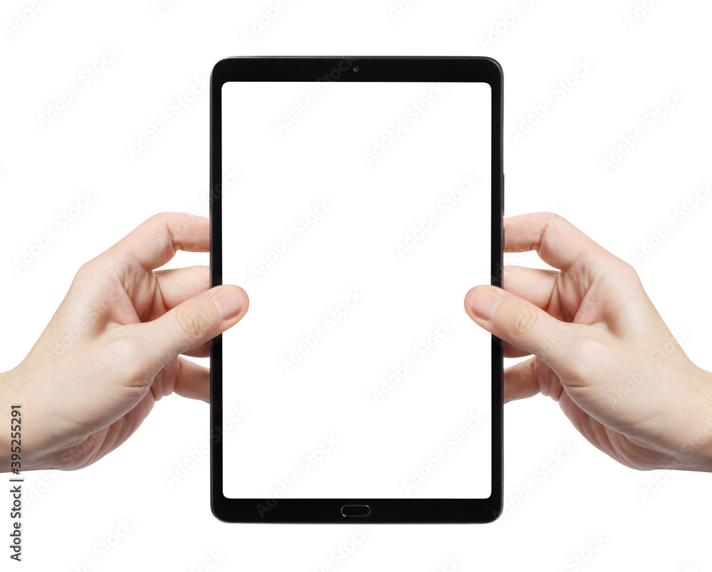 Hands holding black tablet, isolated on white background Hands holding black tablet, isolated on white background